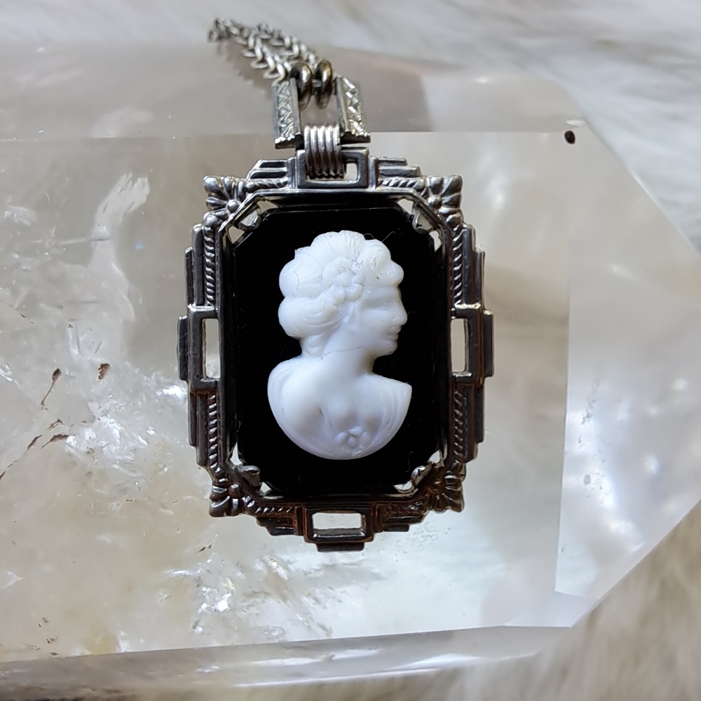 Art Deco Era Onyx Cameo Necklace on Original Sterling Silver Chain